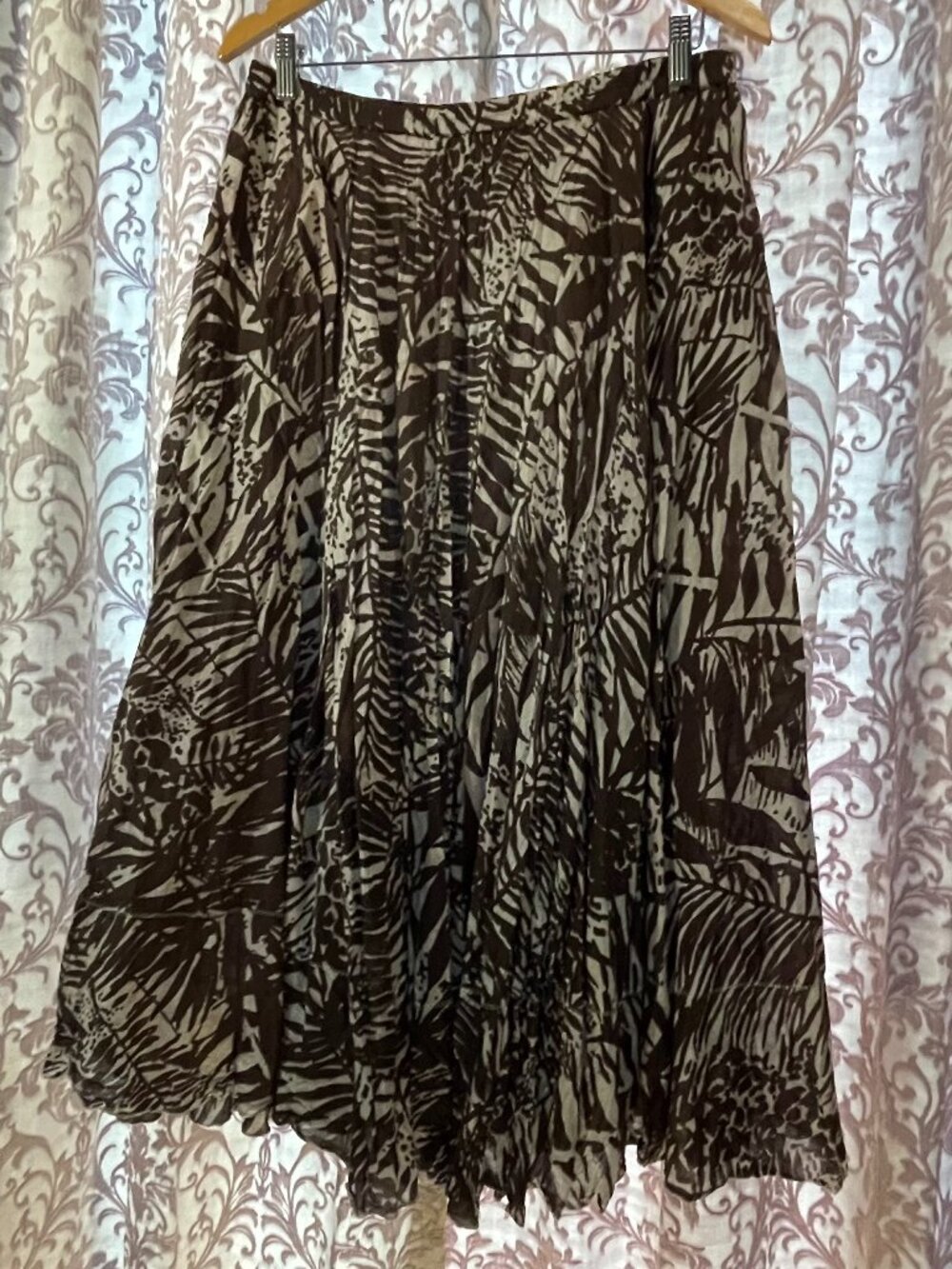 Women's Med. Coldwater Creek Lined Brown/Cream Ltweight Botanical Boho MaxiSkirt